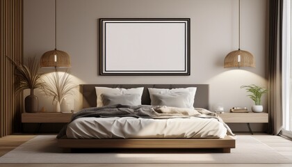 horizontal frame mock up above the bed in modern bedroom interior 3d render