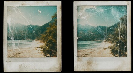 Mountain lake shore Polaroid photo restoration before & after