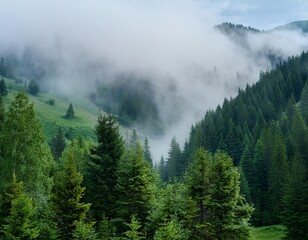 lush green mountain forest shrouded in mist