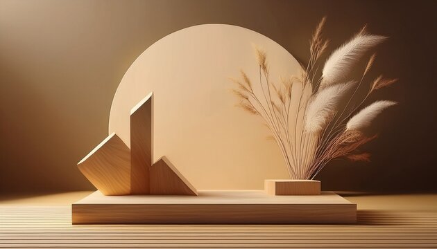 minimalist wooden podium light filled with dry plant and abstract geometric shape