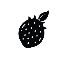 Simple black silhouette of a strawberry with seeds and a leaf on a white background