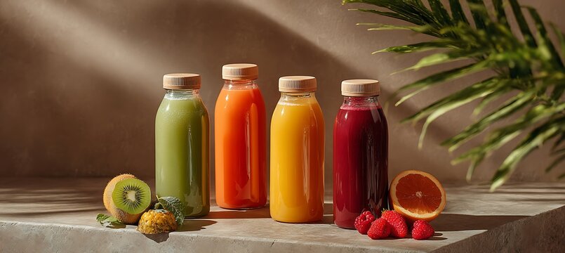 Refreshing cold-pressed fruit juices in sustainable glass bottles arranged neatly on a stone surface

