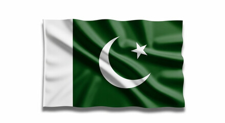 The waving flag of Pakistan, displaying the crescent moon and star symbol over a green field.
