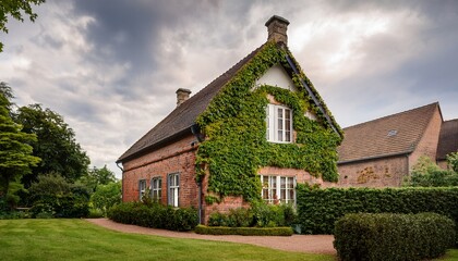 charming brick house adorned with green ivy surrounded by a lush garden on a cloudy day in a serene countryside location