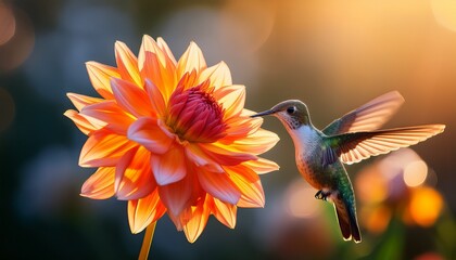 Fototapeta premium vibrant hummingbird hovering near a bright orange dahlia flower in soft sunlight with a blurred bokeh background