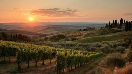 Fototapeta premium breathtaking sunset over picturesque vineyards in italy vibrant colors of sky