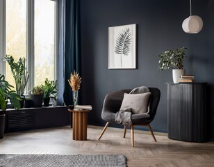 modern scandinavian dark home interior background wall mock up