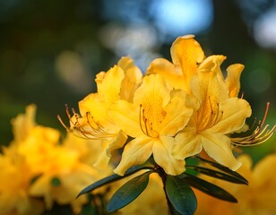 Fototapeta premium closeup of yellow blooming azalea with blurry backround in a park on a summer day in finland