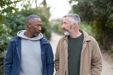 Two male friends provide emotional support to each other during a walk in the park. Describes the importance of friendship, vulnerability, and mental health in men.