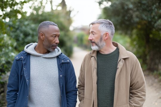 Two male friends provide emotional support to each other during a walk in the park. Describes the importance of friendship, vulnerability, and mental health in men.