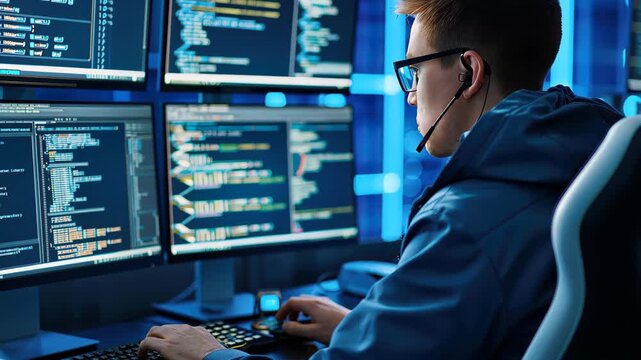 Code Master: A focused coder immersed in a multi-screen setup, navigating lines of code with expertise.