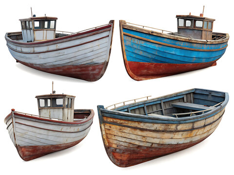 Four different views of small fishing boats with cabins on a white background studio shot