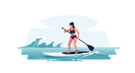 Active Lifestyle Woman Paddleboarding Enjoying Ocean Waves on Summer Vacation