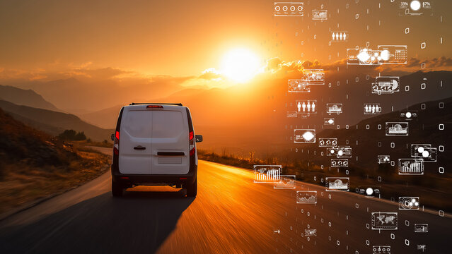 digital data and futuristic UI overlay, concept of autonomous vehicle and AI navigation