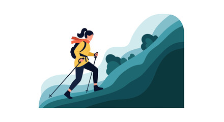 Active Woman Hiking Mountain Illustration With Trekking Poles And Backpack
