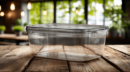 Transparent plastic container on wooden table with blurred greenery in background