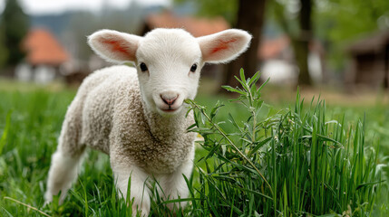 Fototapeta premium Cute lamb grazing on green grass, adorable baby sheep looks at camera in a sunny meadow, concept of animal, farm, countryside.