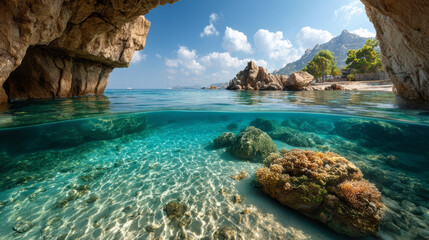 Beautiful seaside cave with crystal clear waters and rocky shores under blue sky, stunning view of sea cliffs and underwater reefs