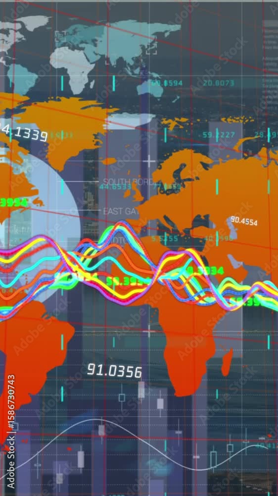 Poster animation of statistical data processing over world map against aerial view of cityscape
