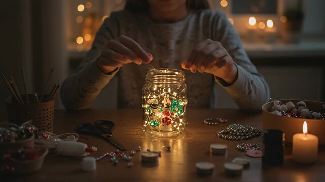 Cozy evening craft project: child decorating a jar with fairy lights and beads at home