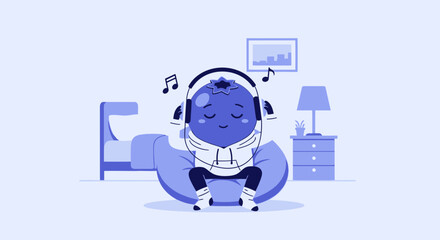 Obraz premium Blueberry Character Enjoys Relaxing Music In A Cozy Room With Simple Interior Design