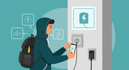 Boy Charges Cellphone At A Public Charging Station For Power And Connectivity