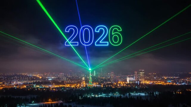 Laser light show with glowing 2026 numbers over city skyline at night
