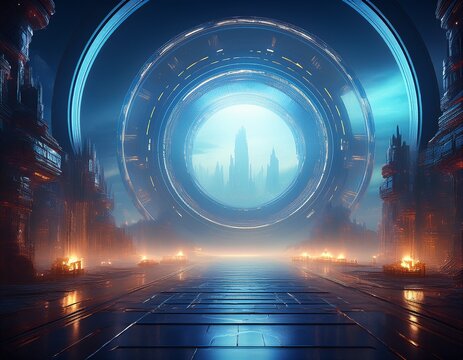 futuristic city enveloped in mist centered around a large glowing circular portal leading to another realm
