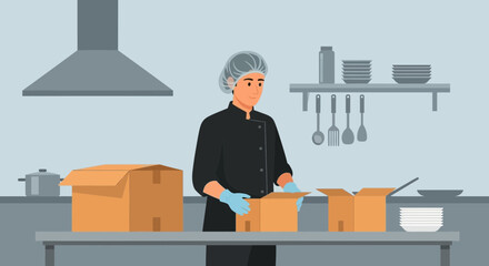 Chef Preparing Orders In Commercial Kitchen For Catering Services