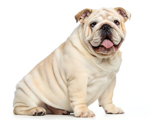 Obraz premium Portrait of a light colored english bulldog sitting against a white background with its tongue out