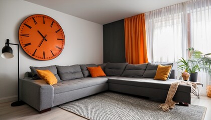 modern living room interior with gray sofa and orange details featuring a large clock