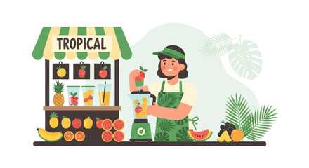Delightful Tropical Smoothie Preparation At Fruit Stand For Healthy Refreshment