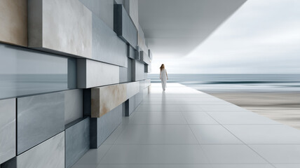 Obraz premium A woman walks to an empty sea beach on a white tiled floor along a large wall. wall is made of multi-colored bricks and has a futuristic design. sea is calm. concept dream of loneliness and peace