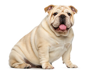 Obraz premium A light colored bulldog sitting with its tongue out on a white background in a studio setting view