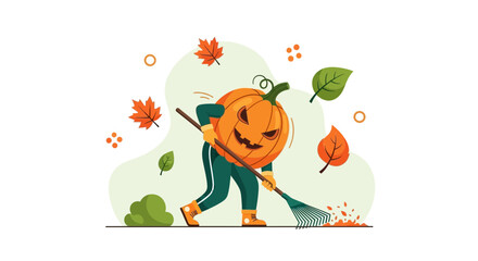 Fototapeta premium Festive Fall Cleaning Pumpkin Character Raking Leaves In Colorful Autumn Scene