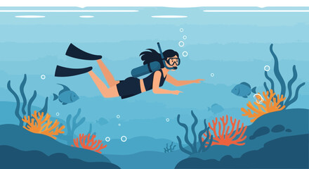 Adventurous Woman Scuba Diving Explores Coral Reef Marine Life In Ocean Depths