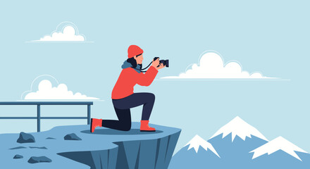 Obraz premium Adventurous Woman Taking Mountain Pictures With Digital Camera Vector Illustration
