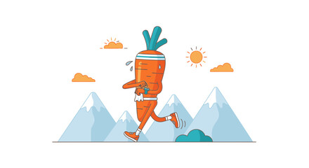Fototapeta premium Cartoon Carrot Athlete Running Through Mountain Landscape For Healthy Lifestyle