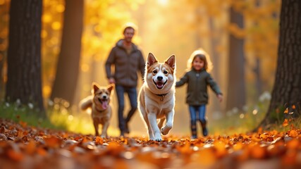 Happy dog walking in the forest. Orange golden autumn fall concept. Family having fun together their leisure time playing with pet.