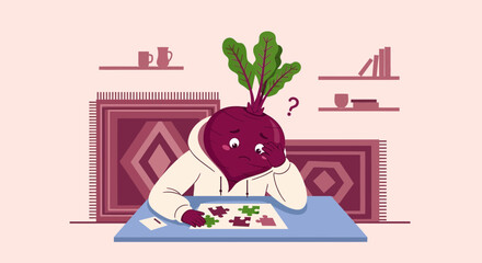 Confused Beetroot Character Solving Jigsaw Puzzle At Desk In Cozy Room