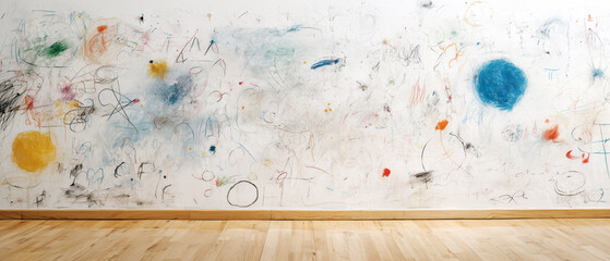 wall covered with different children's drawings close-up as a flat background