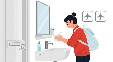 Airport Traveler Practicing Hygiene Washing Hands to Stay Healthy After Flying