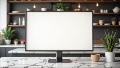 Fototapeta premium Minimalist workspace with blank monitor on marble countertop 