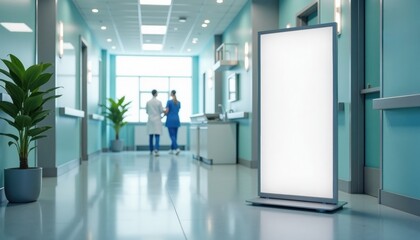 Medical professionals discussing in modern hospital corridor with plants  
