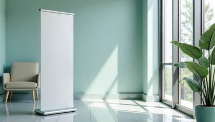 Modern empty space with roll-up banner and indoor greenery  