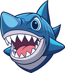 A fierce cartoon shark with a wide open mouth and sharp teeth on a white background