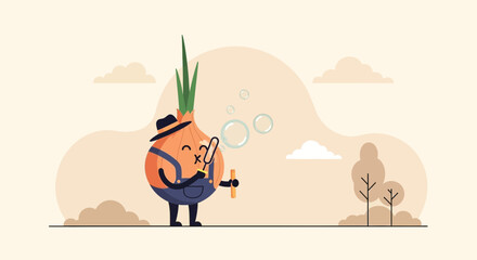 Cartoon Onion Wearing Hat Enjoying Blowing Bubbles In Nature Background Scene