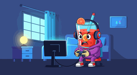 Animated Juice Glass Character Playing Video Games In Bedroom Cartoon Illustration