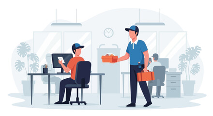 Obraz premium Friendly Delivery Person Brings Food Box to Office Employee At His Workplace