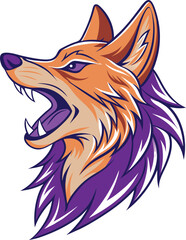 Aggressive orange fox mascot head with purple accents and sharp teeth
